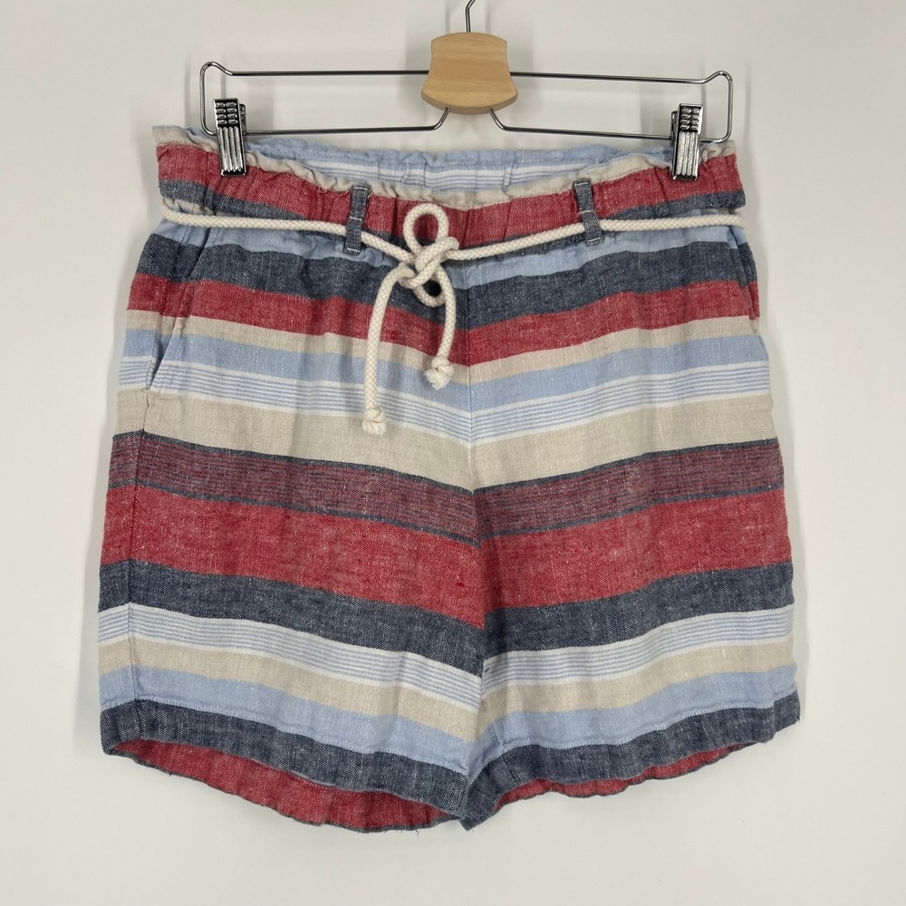 J. Jill Love Linen Striped Paperbag Shorts Red Blue Rope Belt Womens Small